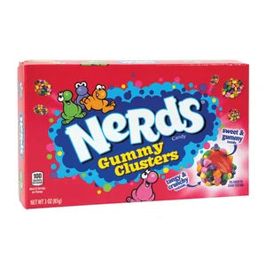 Nerds Gummy Clusters Theater Box with red candy and colorful characters