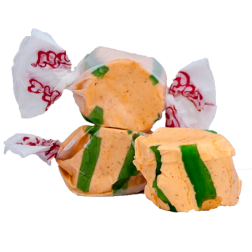 Yellow and green striped Taffy Chili Mango taffy in white paper with red branding