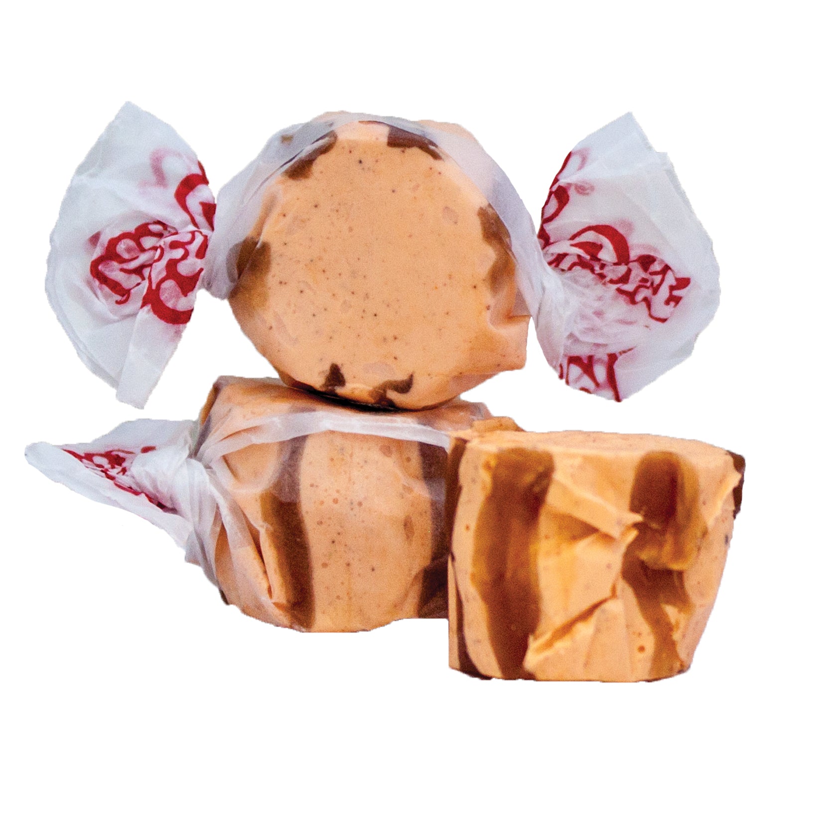 Caramel Taffy Pumpkin Pie candies wrapped in white paper with red branding