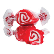 Taffy Red Licorice Swirls: red and white swirled taffy in clear cellophane