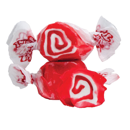 Taffy Red Licorice Swirls: red and white swirled taffy in clear cellophane