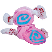 Taffy Cotton Candy: Pink and blue swirled cotton candy in white paper with red lettering