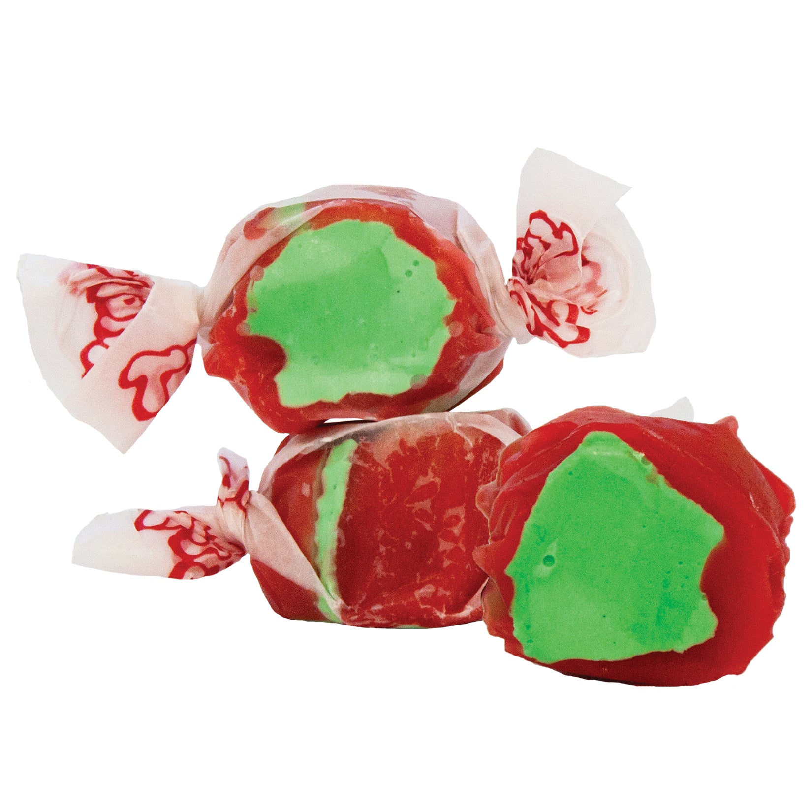 Red and green Taffy Candy Apple layered taffy in white floral paper