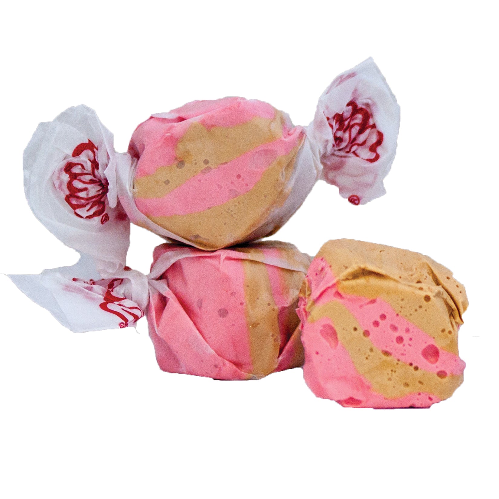 Taffy Maple Bacon pink and peanut butter swirl taffy in white paper with red florals