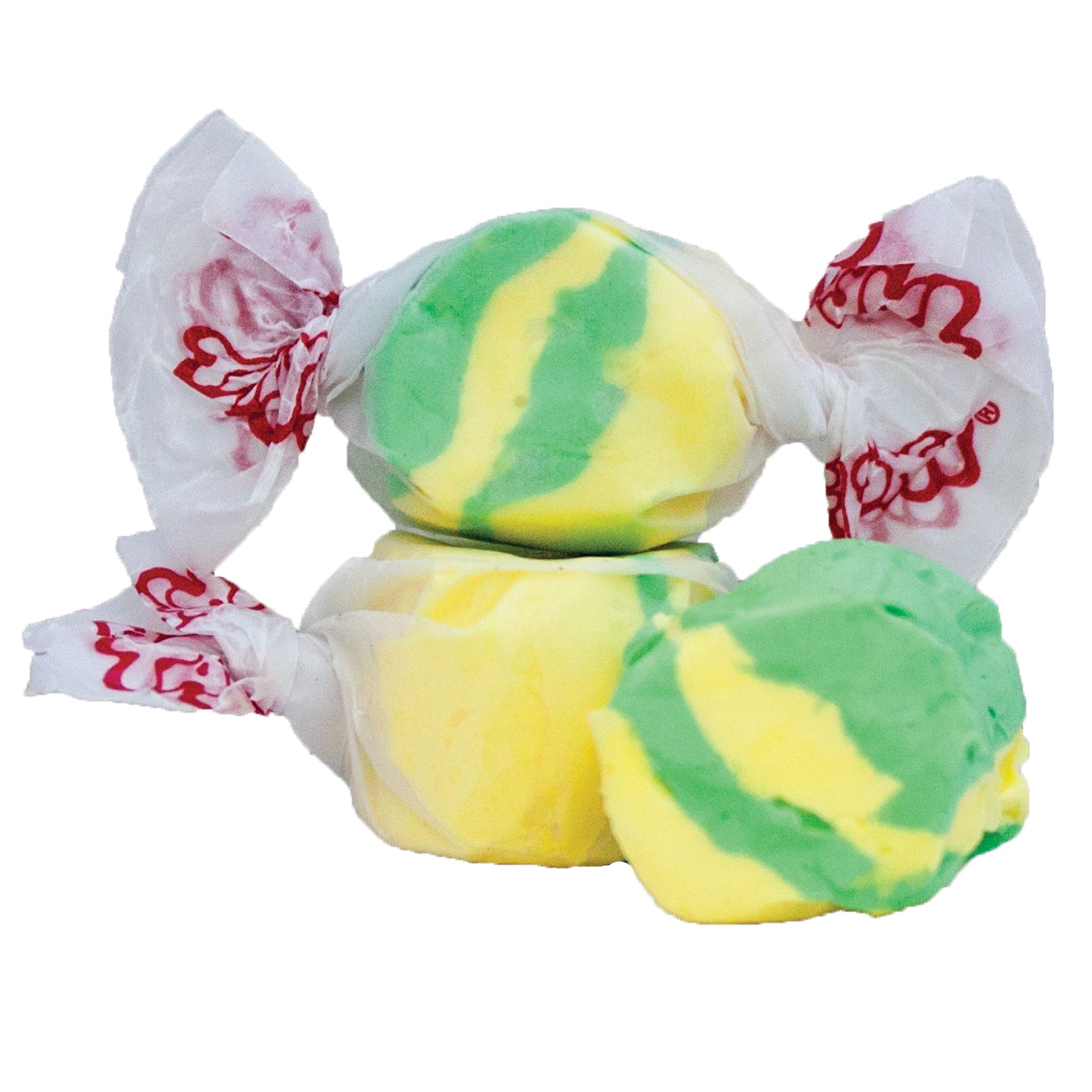Taffy Pineapple: Green and yellow swirled taffy in white paper with red branding