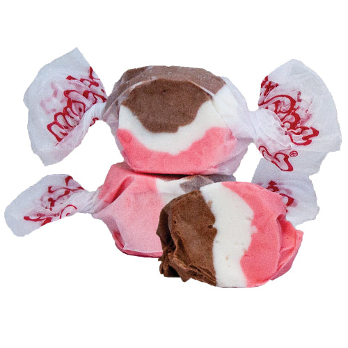 Taffy Neapolitan pink and chocolate-swirled taffy in white paper with red branding