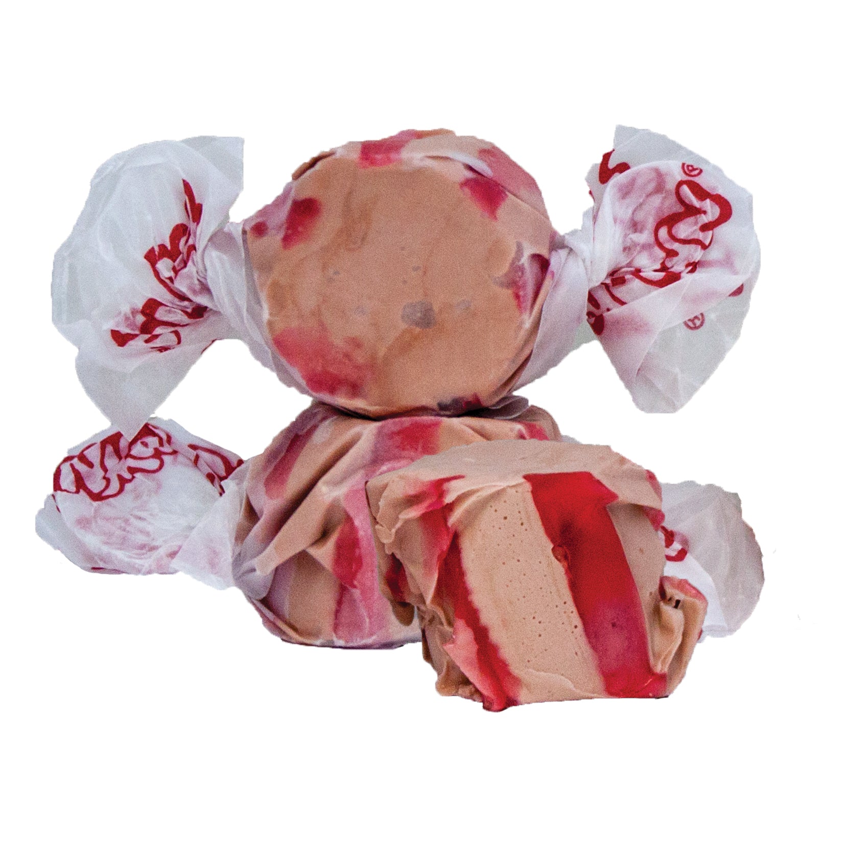 Taffy Cherry Cola: pink and red striped taffy in clear cellophane with red logo