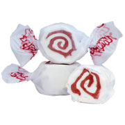 Taffy Red Velvet Cake: white and red swirled taffy in clear cellophane with red logo