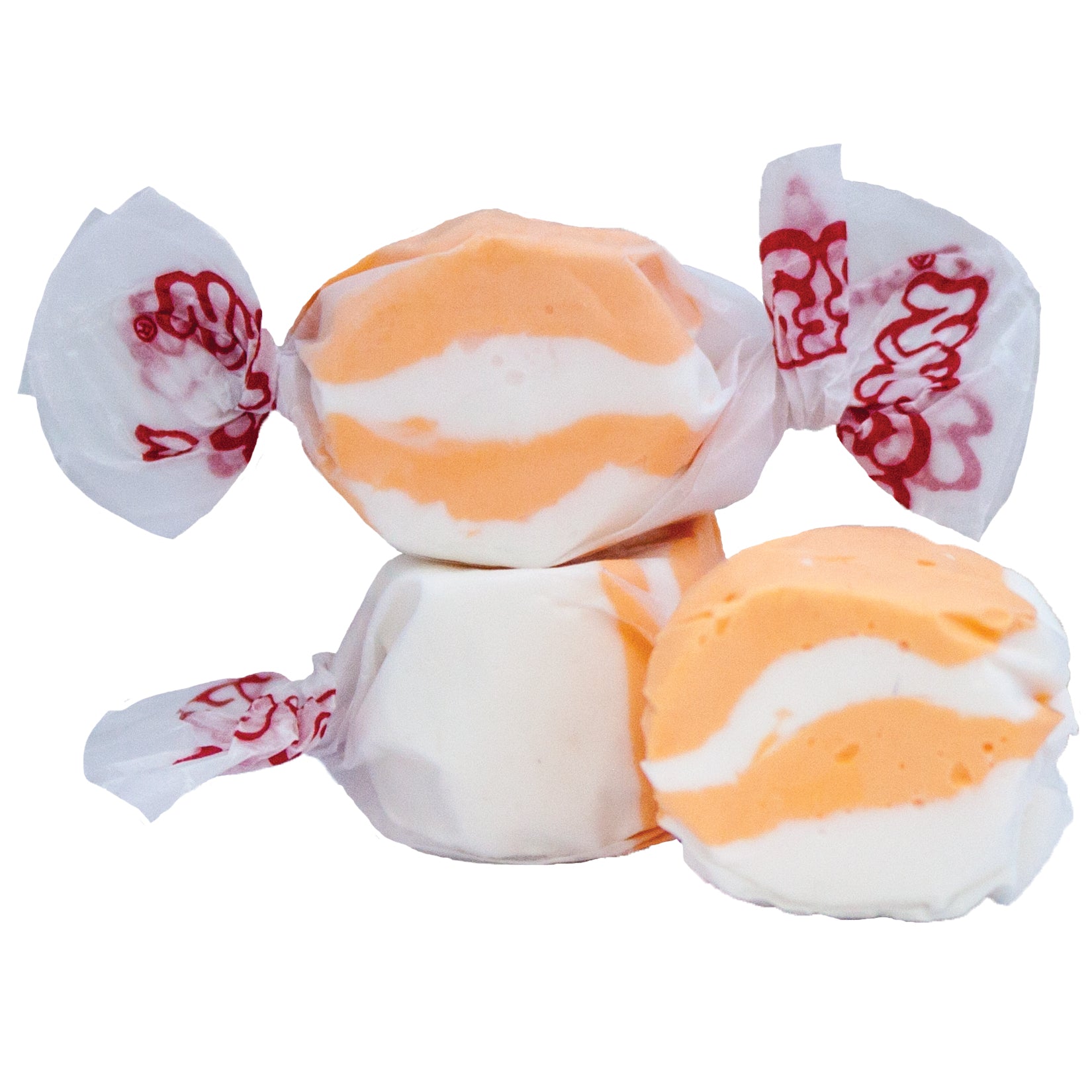 Taffy Peaches & Cream: orange and white swirled taffy in clear cellophane with red branding