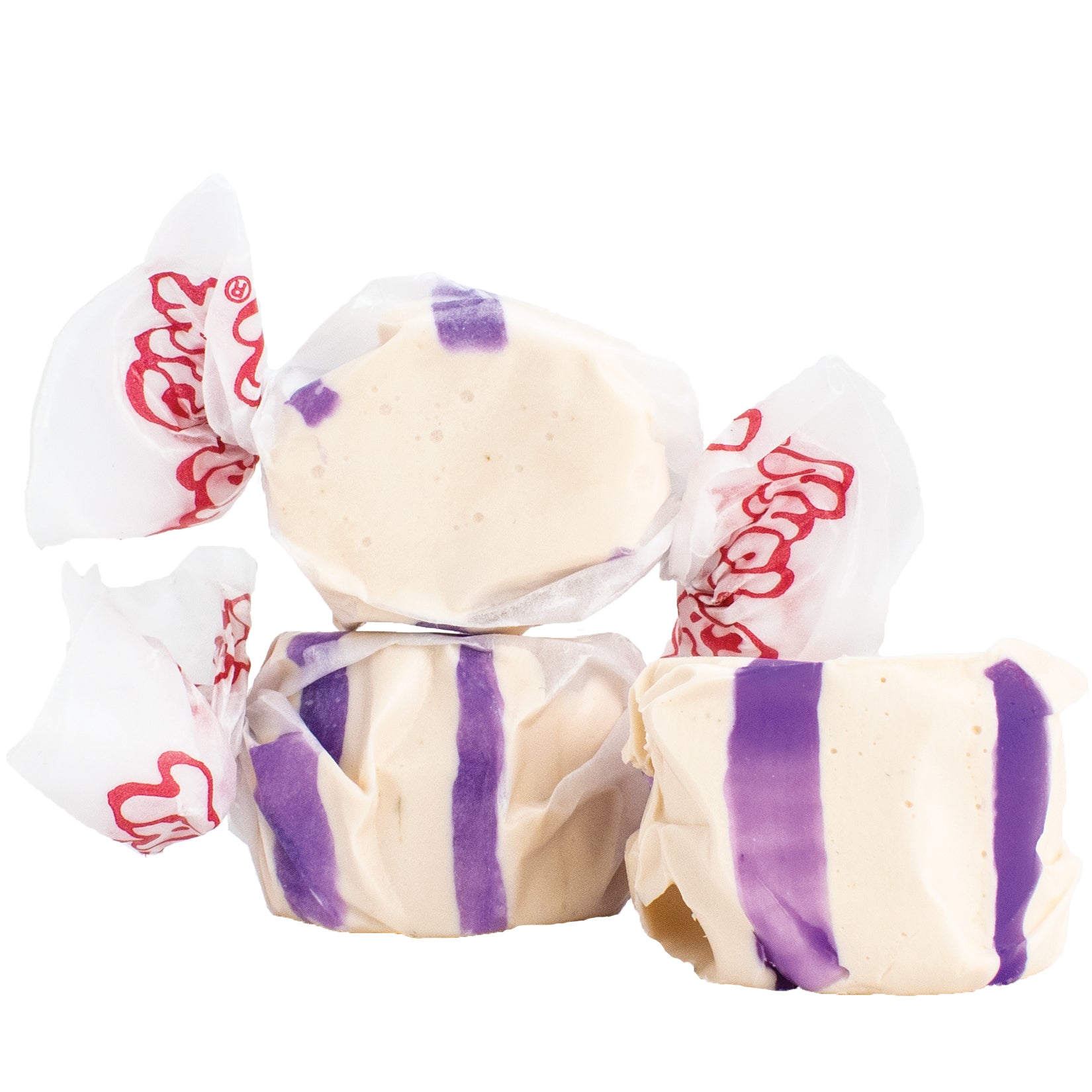 Purple and white striped Taffy Honey Lavender taffy in clear cellophane