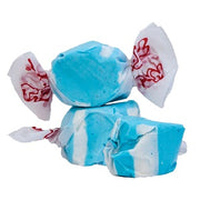 Taffy Blueberry: blue and white striped candy wrapped in red script paper