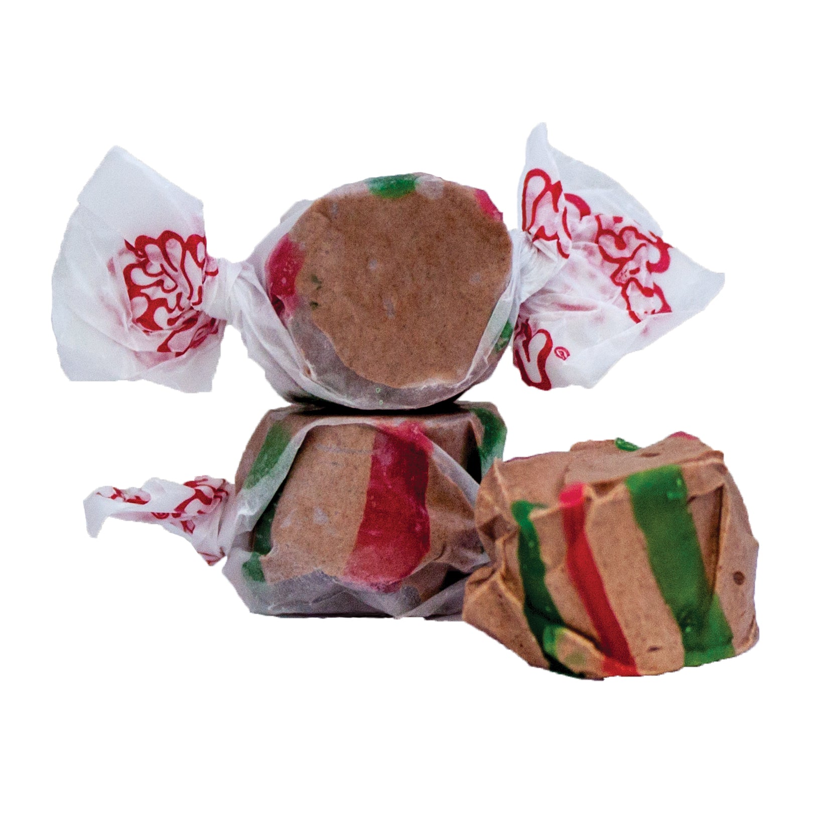 Taffy Hot Chocolate: chocolate-covered candy with red green striped layers in white paper with red logo