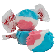 Taffy Rocket Pop: blue, pink, white swirl candy in clear cellophane with red script