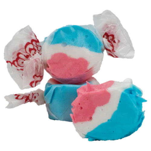 Taffy Rocket Pop: blue, pink, white swirl candy in clear cellophane with red script