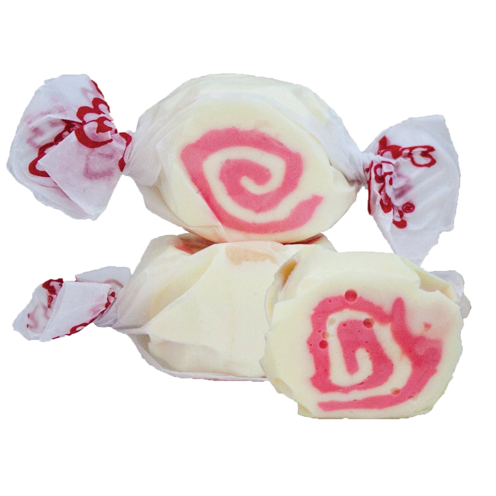 Pink and white swirled Strawberry Cheesecake taffy candies wrapped in decorative paper