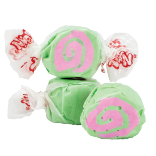 Green and pink swirled Taffy Cherry Limeade candies in white wrappers