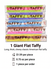 Giant flat taffy candy strip in a colorful wrapper