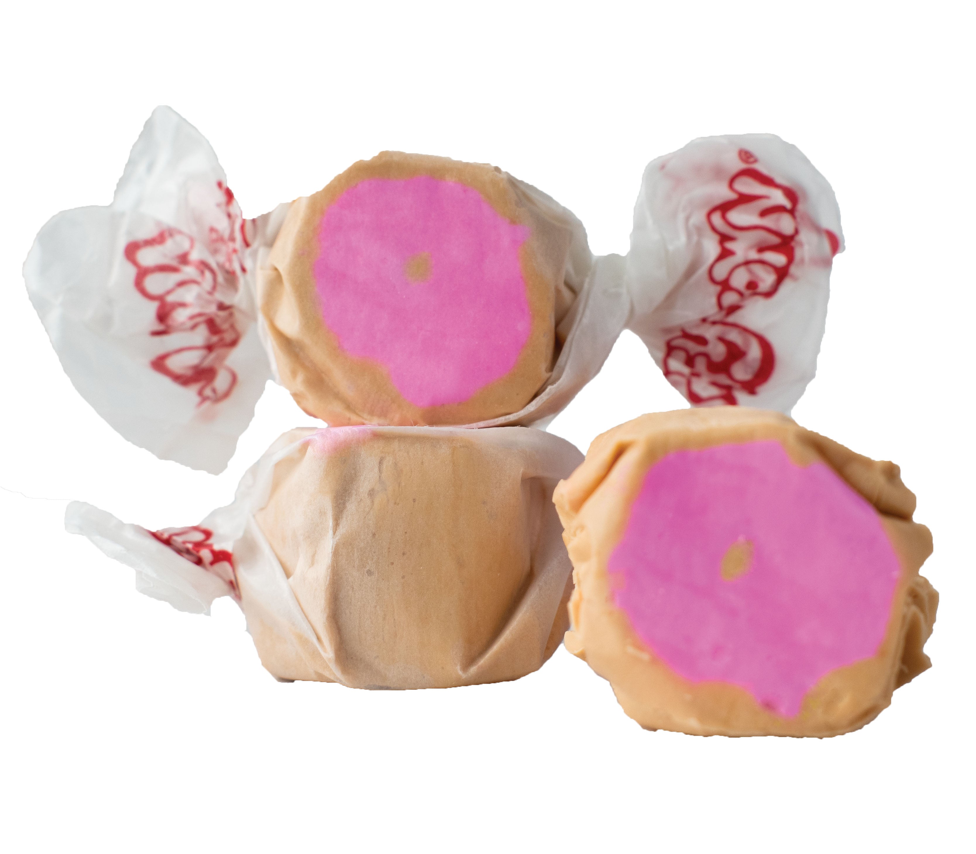 Pink-frosted Taffy Glazed Doughnut candies in crinkled white paper