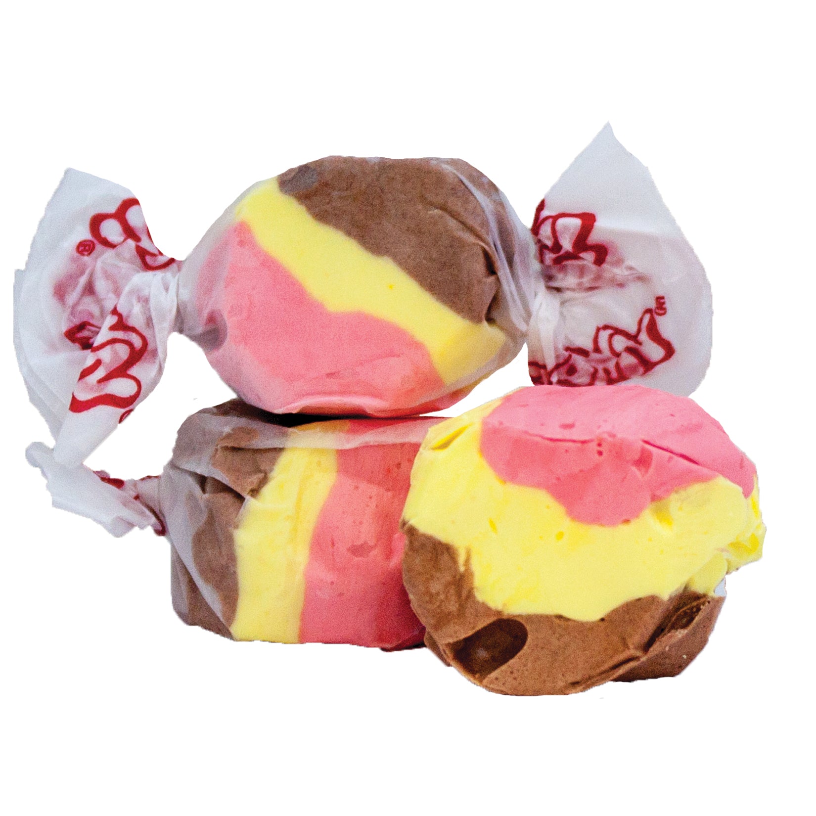 Colorful striped Taffy Banana Split candies in clear cellophane with red branding