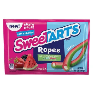 Pink and blue Sweetarts Ropes Watermelon Berry Collision candy package