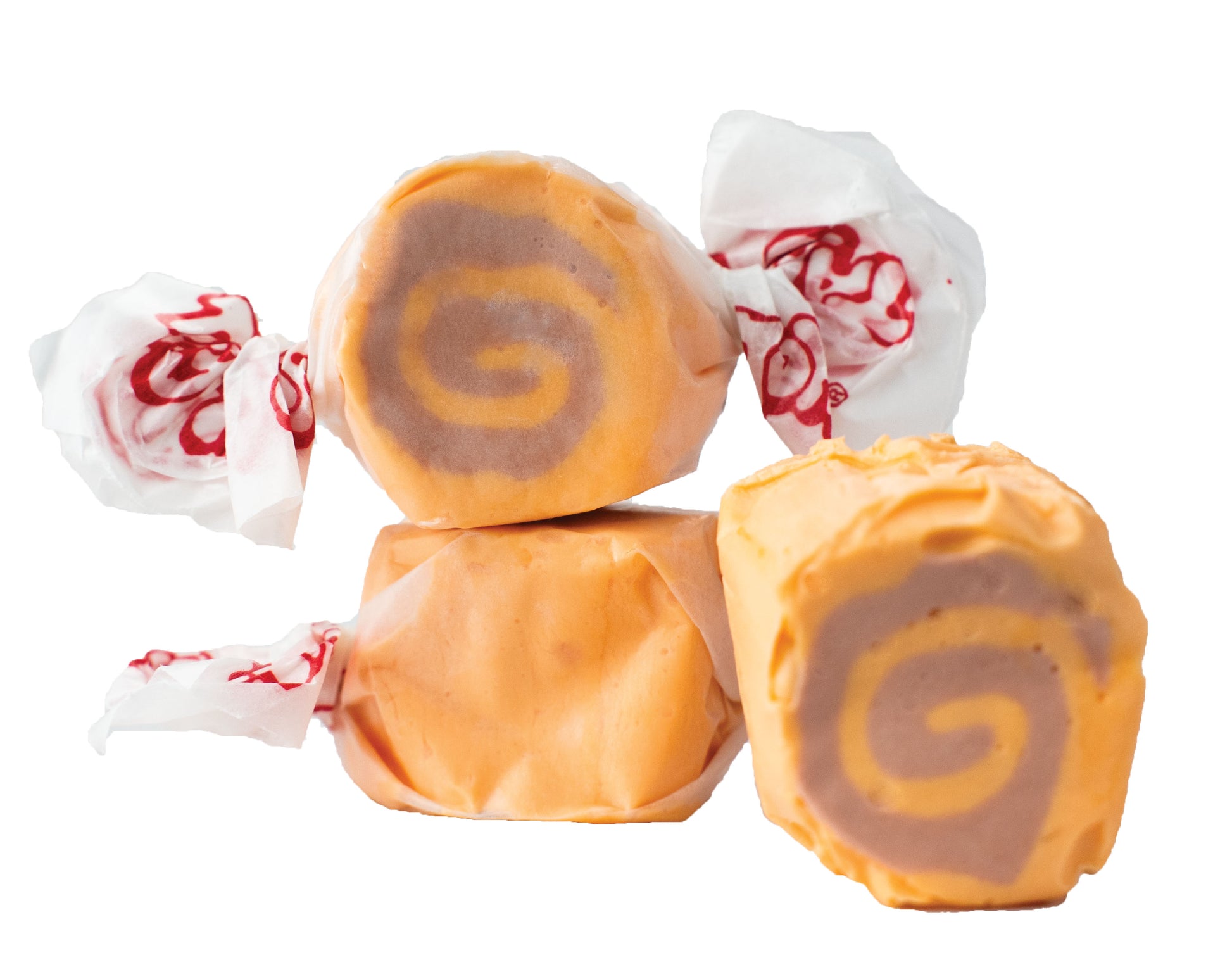 Orange and brown swirled Taffy Cookie Butter taffy in white paper with red branding