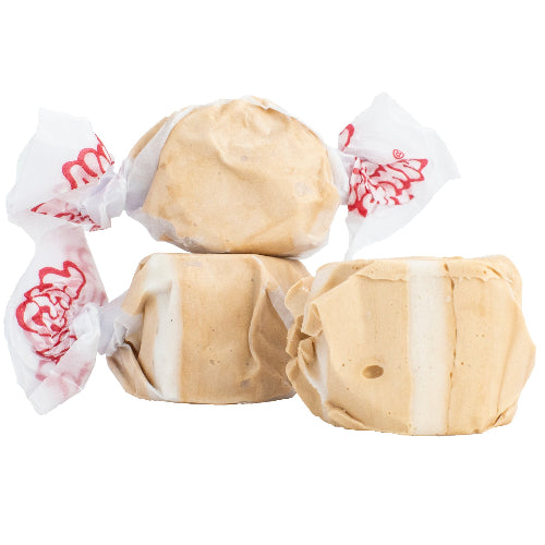Three individually wrapped Taffy Butterscotch candies with white stripes