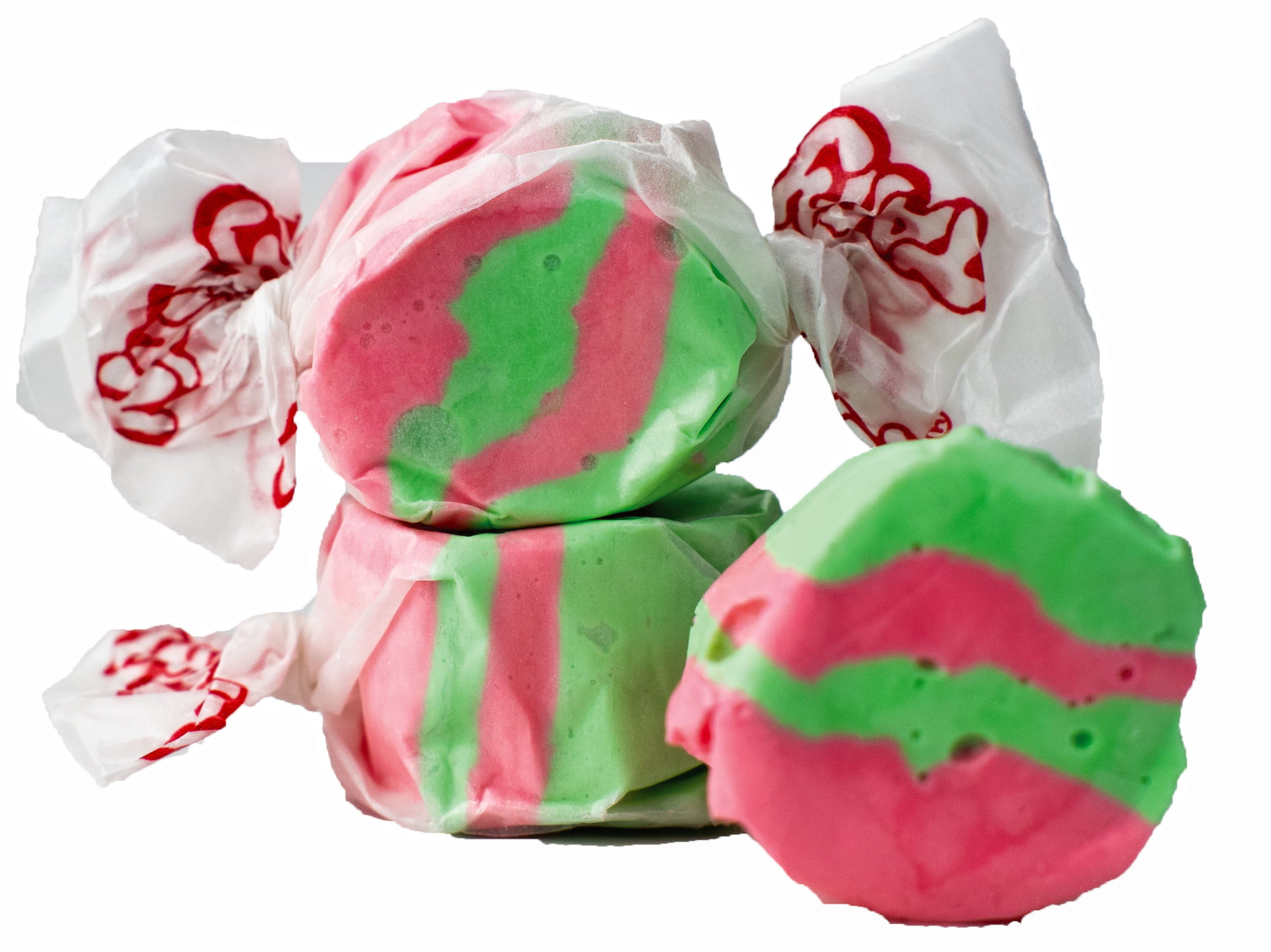 Taffy Kiwi Strawberry: pink and green swirled taffy in white paper with red branding