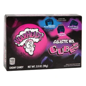 Warheads Sour Galactic Cubes Theater Box with pink purple packaging and cartoon logo