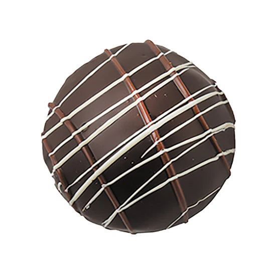 Peppermint Truffle 1.5oz round dark chocolate sphere with white and milk drizzle crisscross