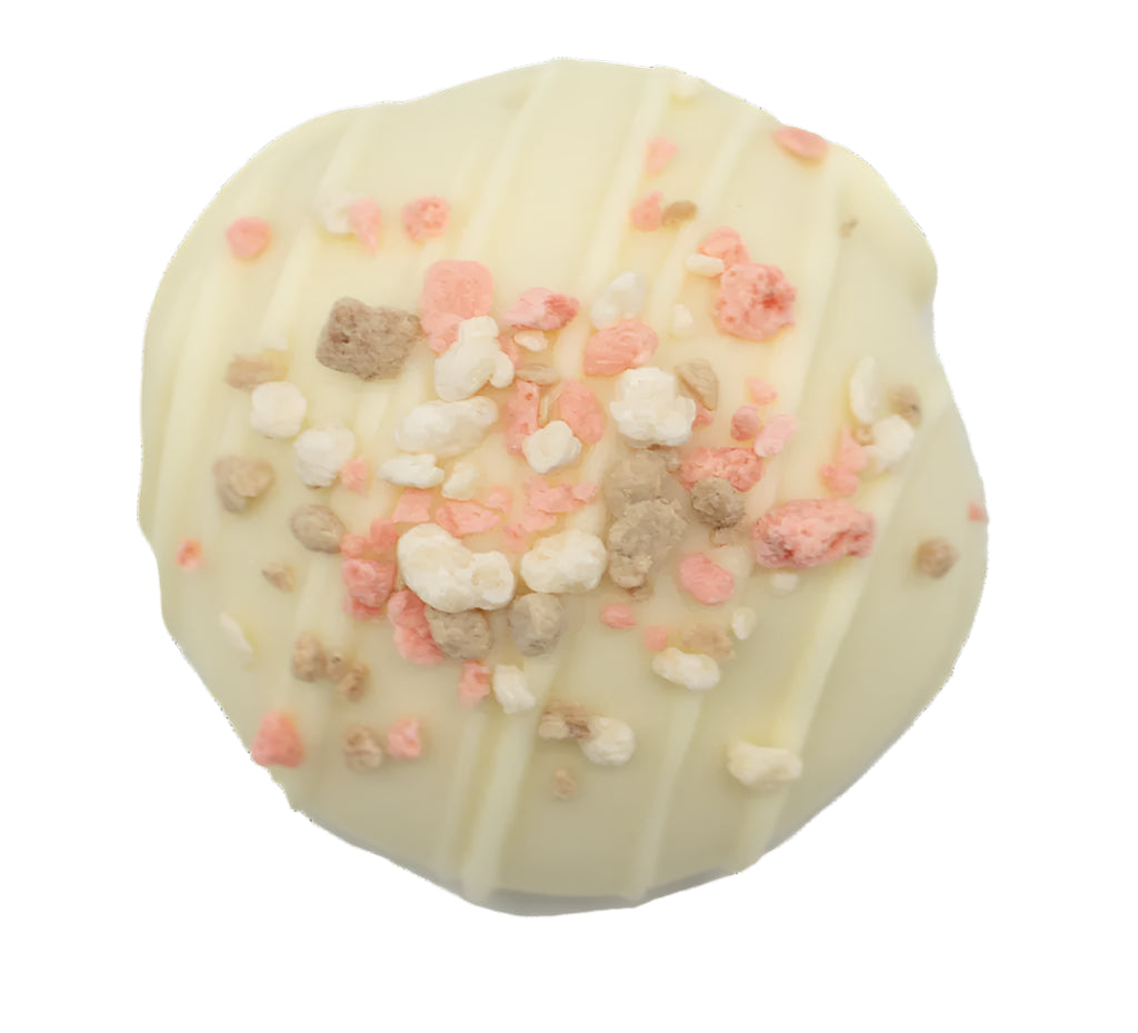 Peach Cobbler truffle with creamy white chocolate and pink beige sprinkles