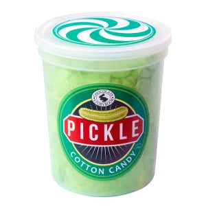 Vibrant green pickle flavor cotton candy in clear container with white lid