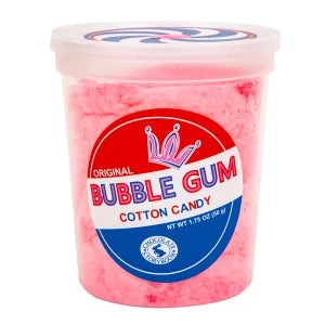 Pink cotton candy bubble gum flavor tub in clear container
