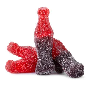Red and dark purple sugar-coated gummy sour cherry cola bottles