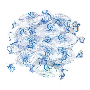 Matlow’s Crystal Mint wrapped candy in clear plastic with blue and white pieces