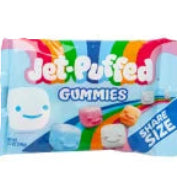 Jet-Puffed Gummies share size bag with colorful rainbow-striped pieces