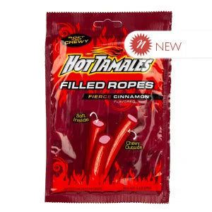 Red glossy Hot Tamales Filled Ropes cinnamon candy package