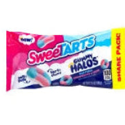 SweetTarts Gummy Halos candy pack in pink, blue, and yellow stripes