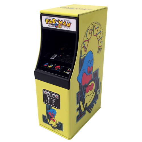Yellow Pac-Man arcade tin machine with black trim, colorful graphics, and candy