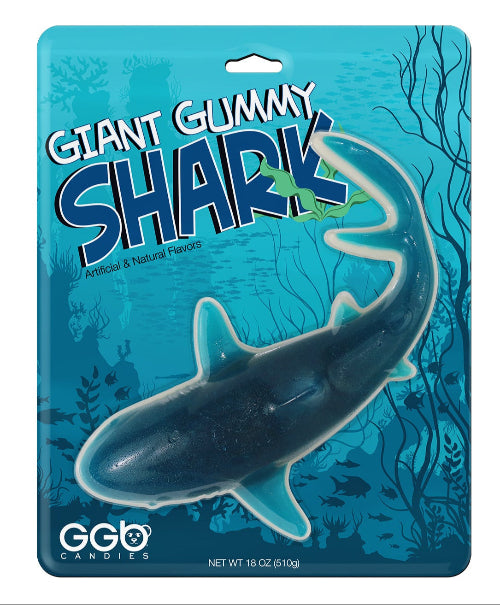 Giant Gummy Shark: translucent dark blue gummy candy in teal sleeve