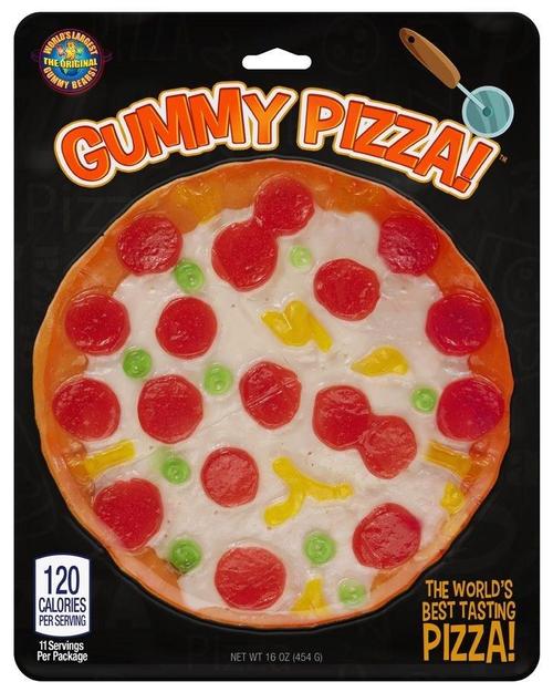 Giant Gummy Pizza with red pepperoni and colorful veggies on cheese base