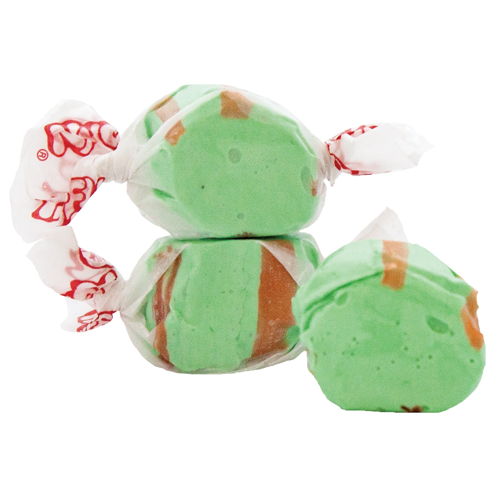 Taffy Pickle: green and brown striped taffy in clear cellophane with red branding
