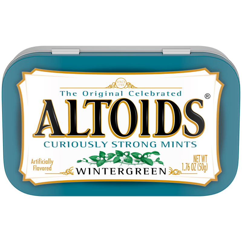 Altoids Wintergreen Mints in teal metal tin with white label