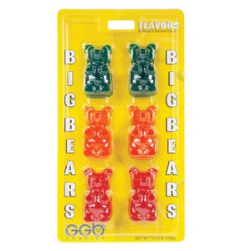 Big gummy bear 6 pack with green, orange, and red bears