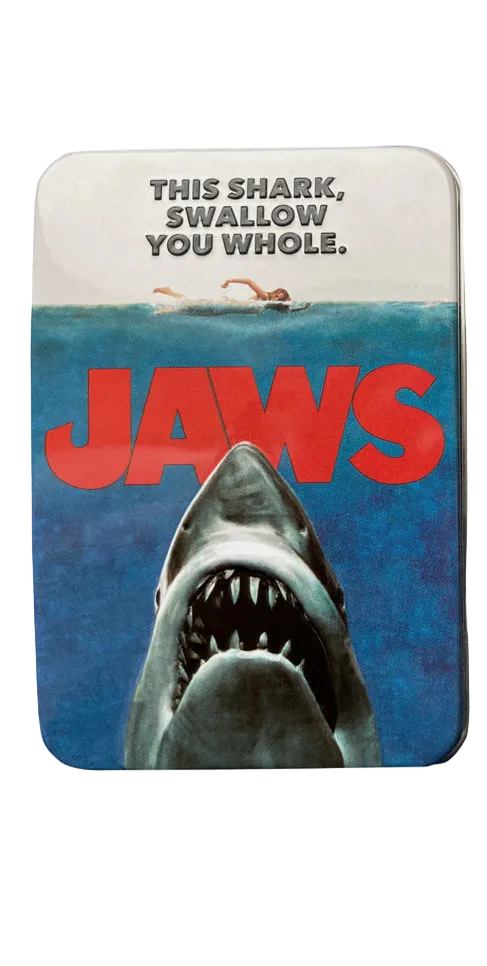 Jaws Amity Island Sours Tin with iconic movie poster and shark