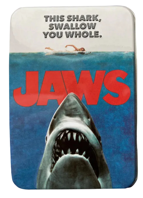 Jaws Amity Island Sours Tin with iconic movie poster and shark