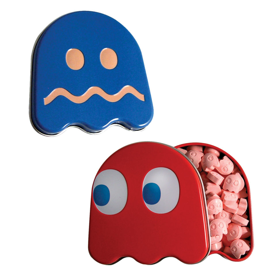 Pac-Man Ghost Sours Tin with blue red ghosts and pink candies