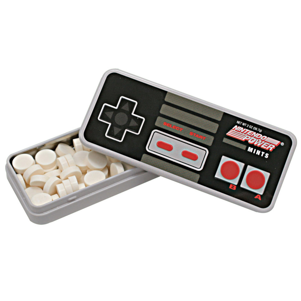 Nintendo Power mint tin with black gray controller design, red buttons, silver trim, white mints