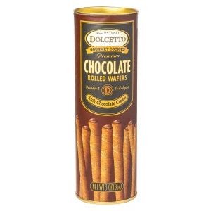Dolcetto rolled chocolate wafers in gold and brown tin
