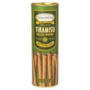 Green and gold tin of Dolcetto Rolled Tiramisu Wafers