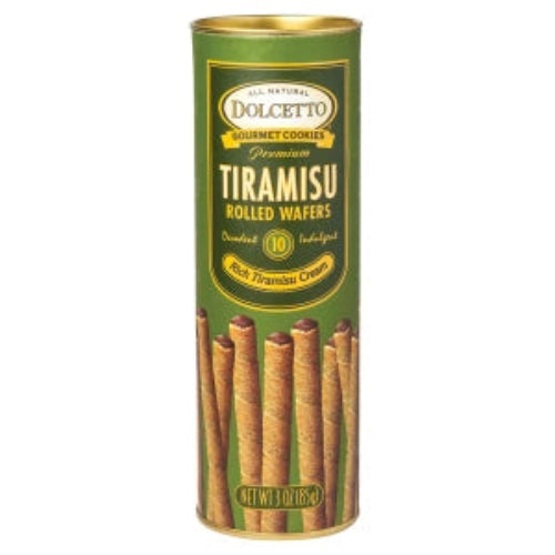 Green and gold tin of Dolcetto Rolled Tiramisu Wafers